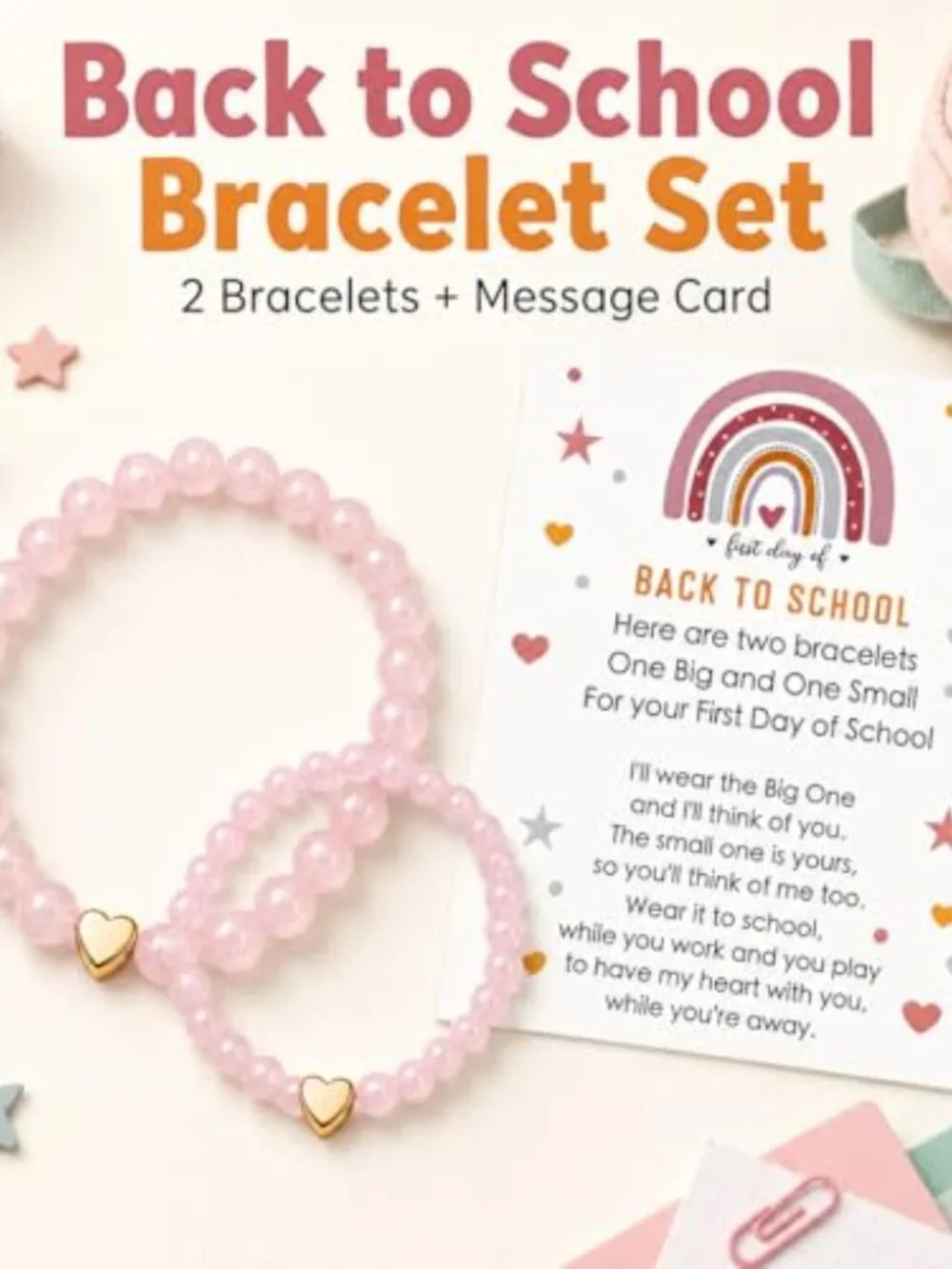 Heart Charm Mommy & Me Elastic Stretch Bead Bracelets Set, Back to School Gift